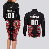 Custom Rugby New Zealand Couples Matching Long Sleeve Bodycon Dress and Long Sleeve Button Shirt Baby Black Go Champions LT01 - Polynesian Pride