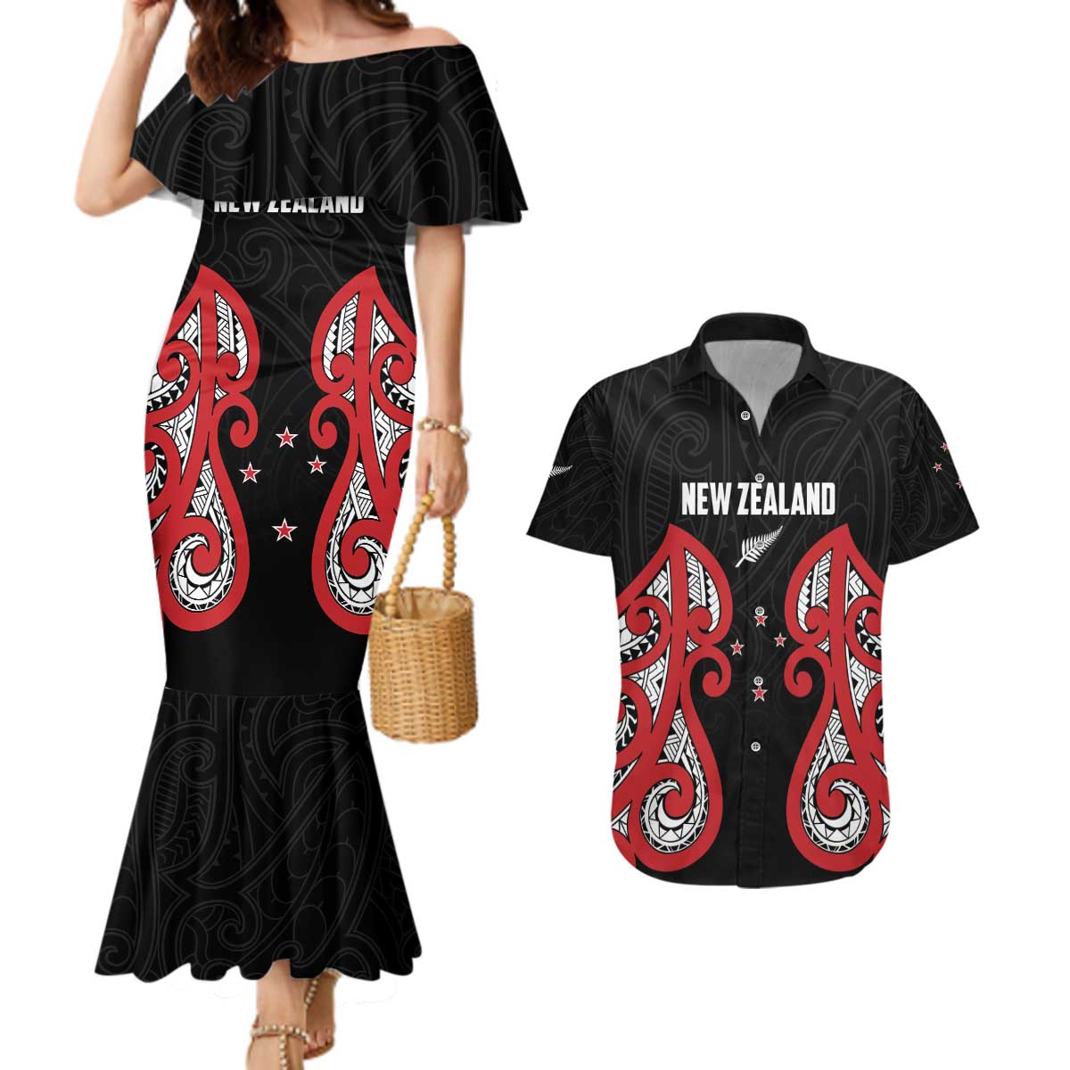 Custom Rugby New Zealand Couples Matching Mermaid Dress and Hawaiian Shirt Baby Black Go Champions LT01 Black - Polynesian Pride