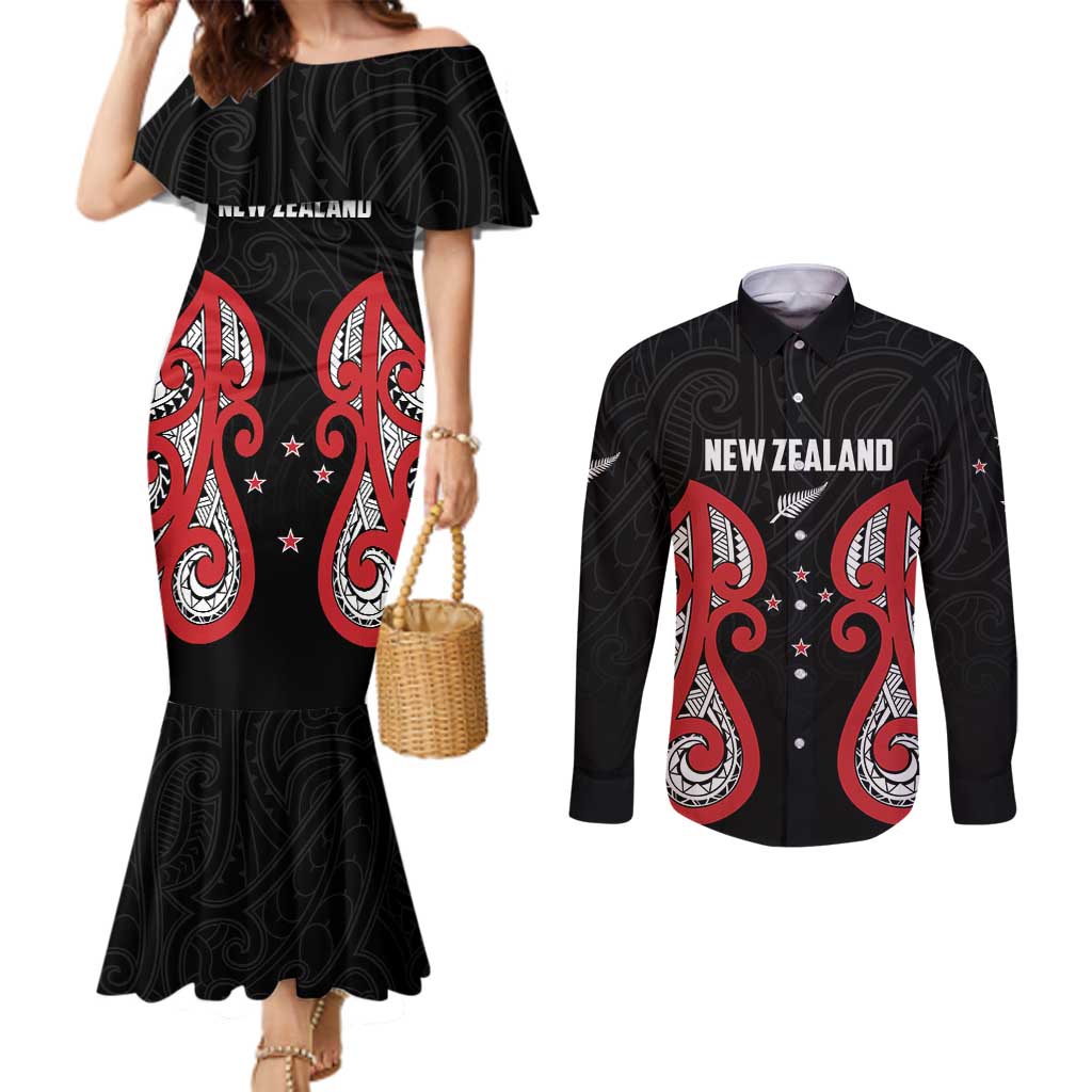 Custom Rugby New Zealand Couples Matching Mermaid Dress and Long Sleeve Button Shirt Baby Black Go Champions LT01 Black - Polynesian Pride