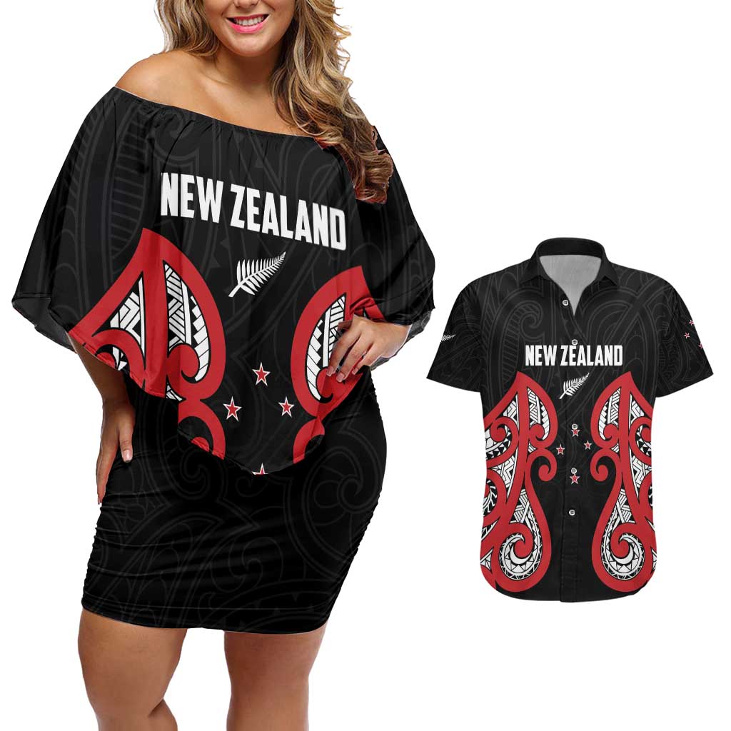 Custom Rugby New Zealand Couples Matching Off Shoulder Short Dress and Hawaiian Shirt Baby Black Go Champions LT01 Black - Polynesian Pride