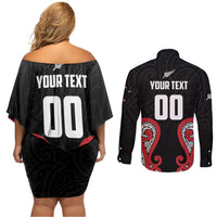 Custom Rugby New Zealand Couples Matching Off Shoulder Short Dress and Long Sleeve Button Shirt Baby Black Go Champions