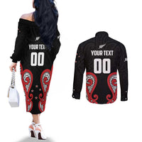 Custom Rugby New Zealand Couples Matching Off The Shoulder Long Sleeve Dress and Long Sleeve Button Shirt Baby Black Go Champions LT01 - Polynesian Pride