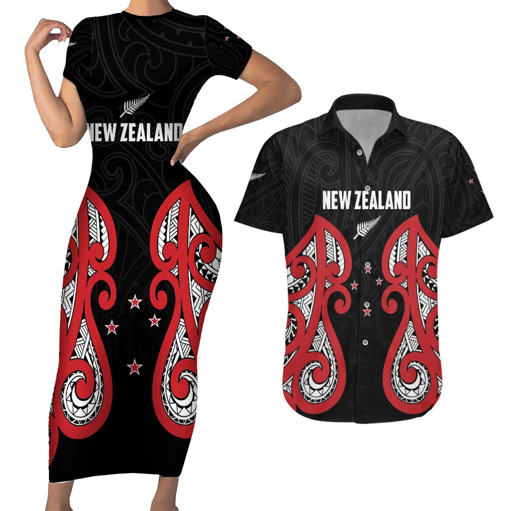 Custom Rugby New Zealand Couples Matching Short Sleeve Bodycon Dress and Hawaiian Shirt Baby Black Go Champions LT01 Black - Polynesian Pride