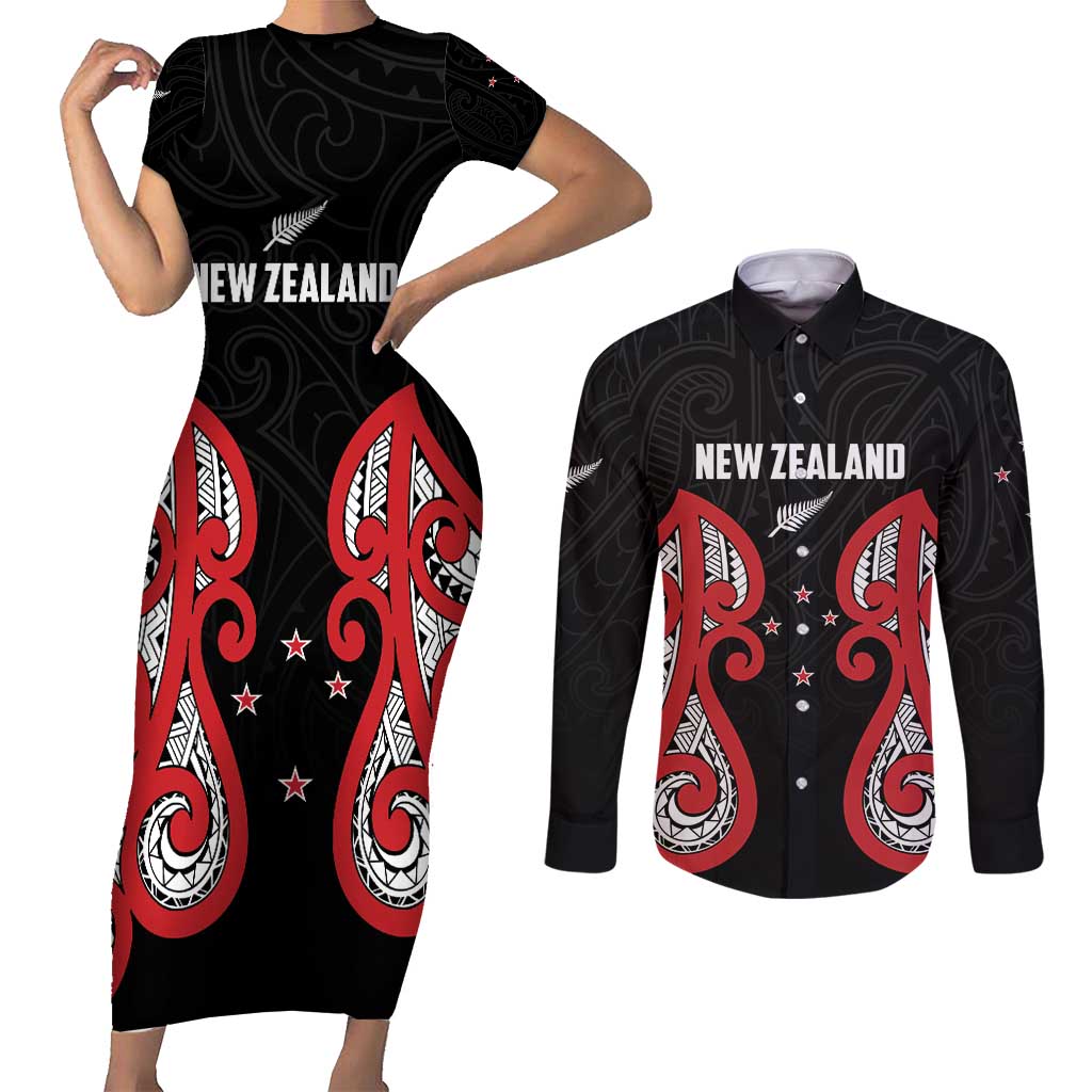 Custom Rugby New Zealand Couples Matching Short Sleeve Bodycon Dress and Long Sleeve Button Shirt Baby Black Go Champions LT01 Black - Polynesian Pride