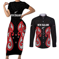 Custom Rugby New Zealand Couples Matching Short Sleeve Bodycon Dress and Long Sleeve Button Shirt Baby Black Go Champions LT01 Black - Polynesian Pride