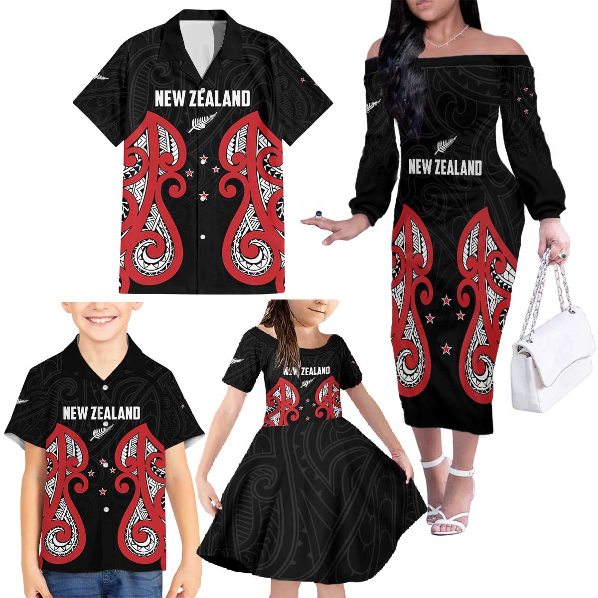 Custom Rugby New Zealand Family Matching Off The Shoulder Long Sleeve Dress and Hawaiian Shirt Baby Black Go Champions LT01 - Polynesian Pride