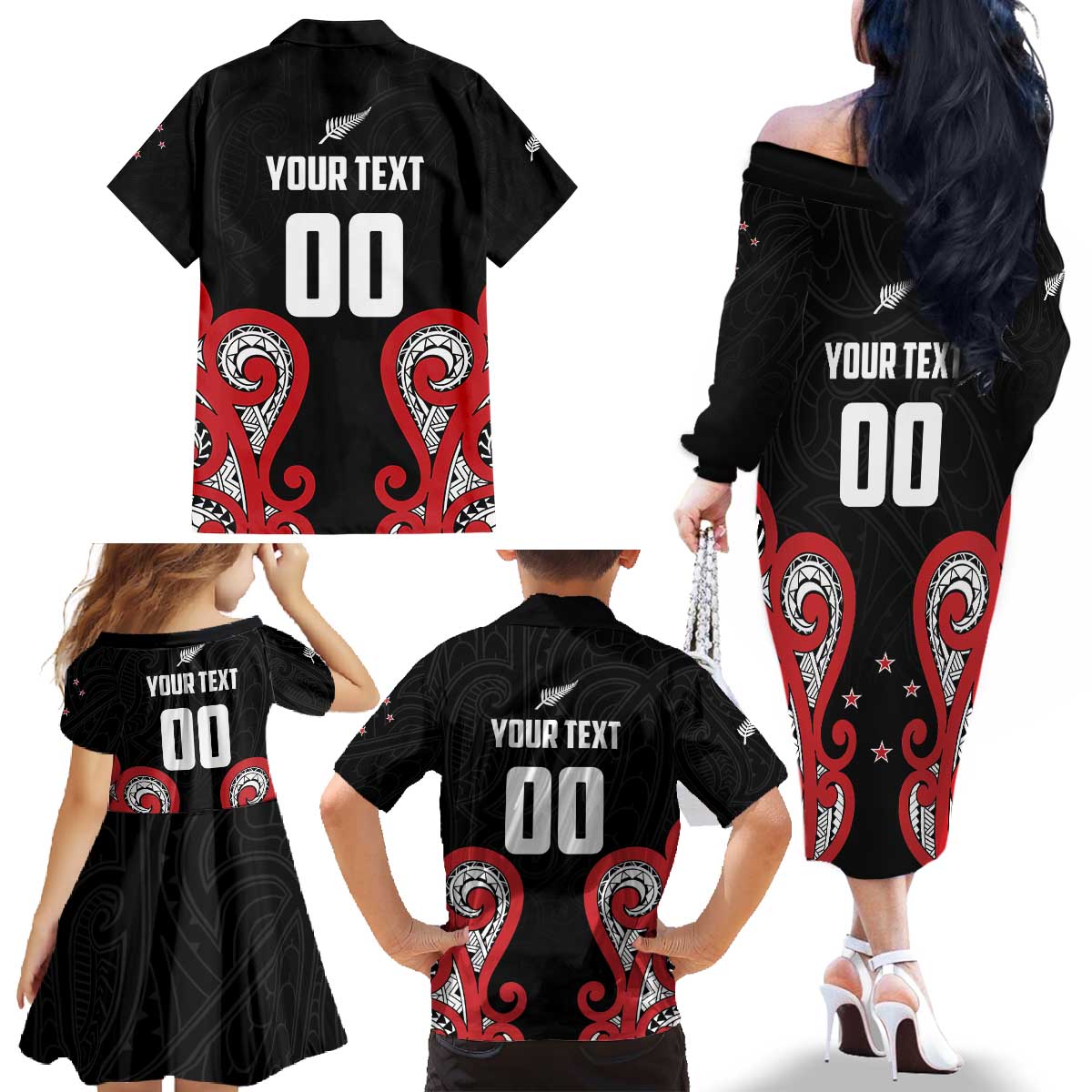 Custom Rugby New Zealand Family Matching Off The Shoulder Long Sleeve Dress and Hawaiian Shirt Baby Black Go Champions LT01 - Polynesian Pride
