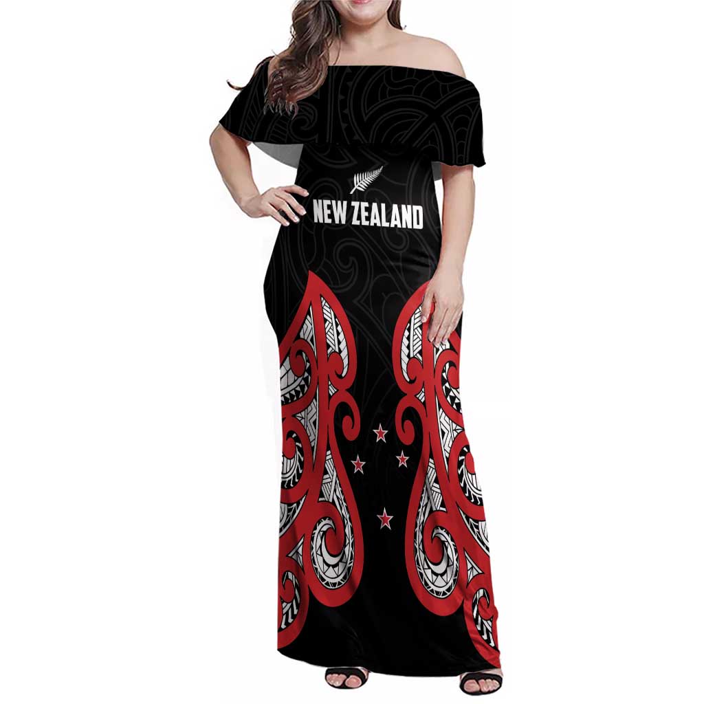 Custom Rugby New Zealand Family Matching Off Shoulder Maxi Dress and Hawaiian Shirt Baby Black Go Champions LT01 Mom's Dress Black - Polynesian Pride