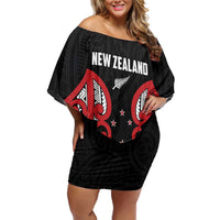 Custom Rugby New Zealand Family Matching Off Shoulder Short Dress and Hawaiian Shirt Baby Black Go Champions LT01 Mom's Dress Black - Polynesian Pride