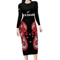 Custom Rugby New Zealand Long Sleeve Bodycon Dress Baby Black Go Champions