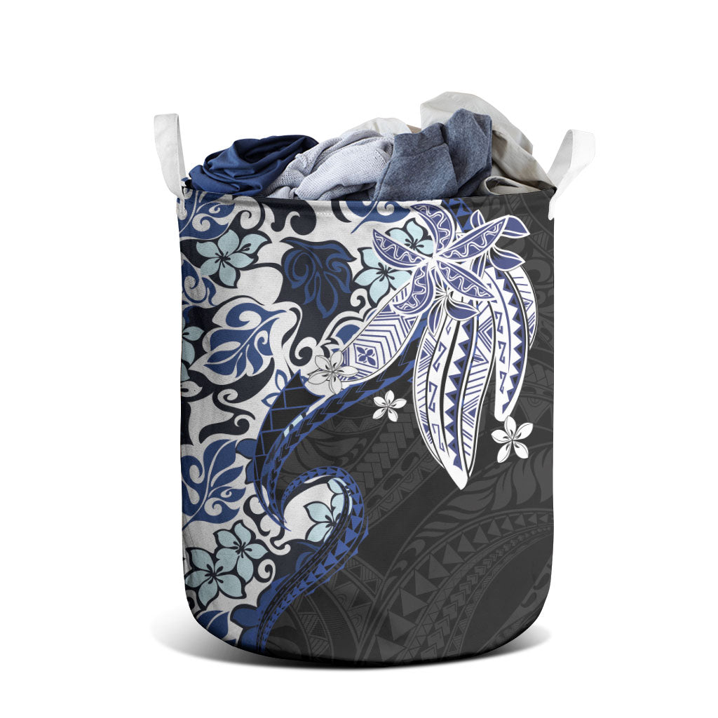 Monstera Plumeria Flowers Blue Laundry Basket Polynesian Pattern