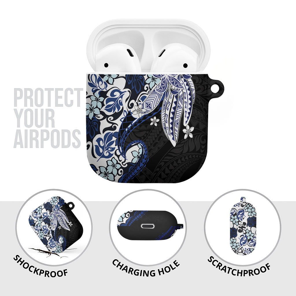 Monstera Plumeria Flowers Blue AirPods Case Polynesian Pattern