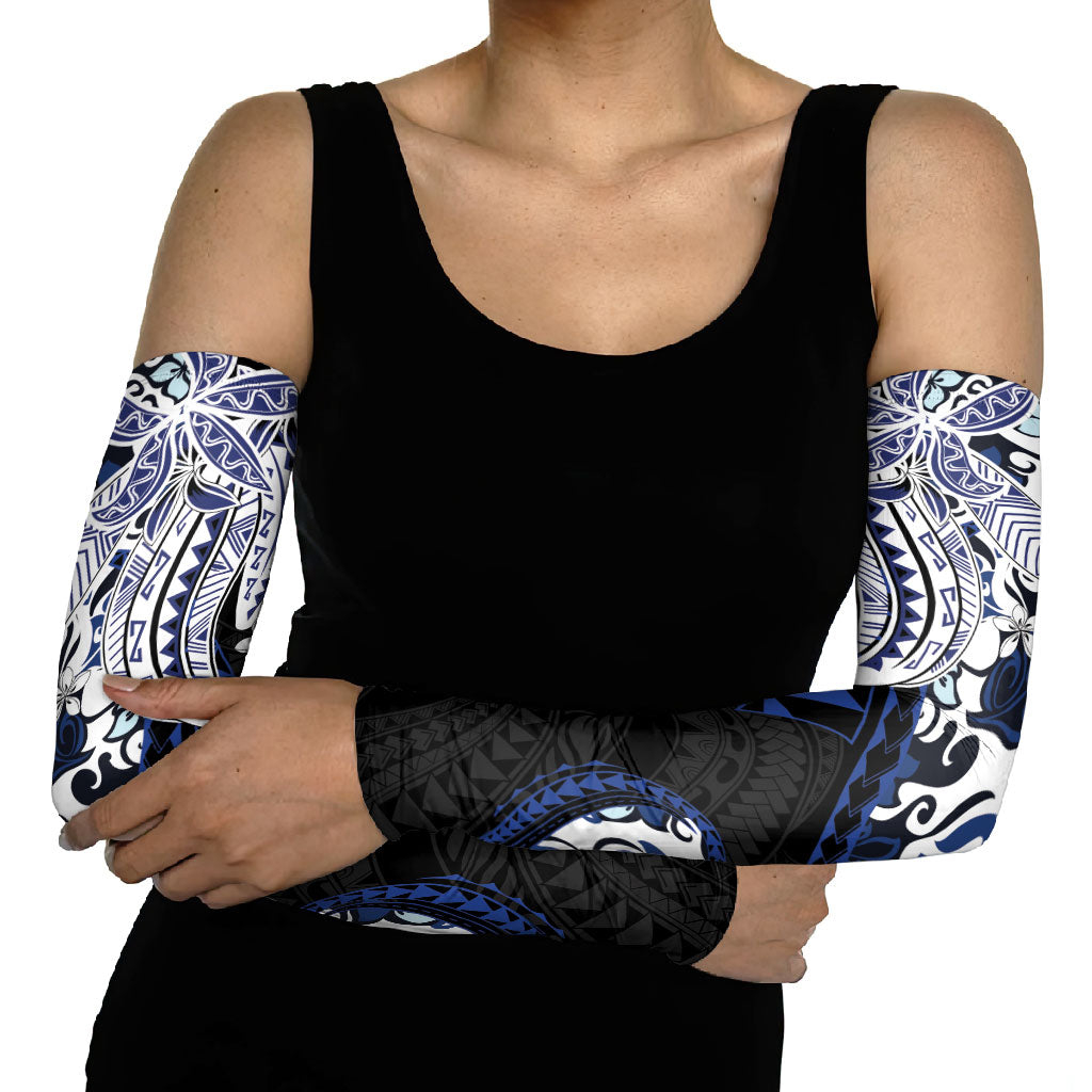 Monstera Plumeria Flowers Blue Arm Sleeves Polynesian Pattern