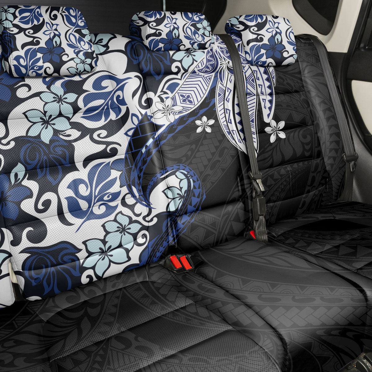 Monstera Plumeria Flowers Blue Back Car Seat Cover Polynesian Pattern