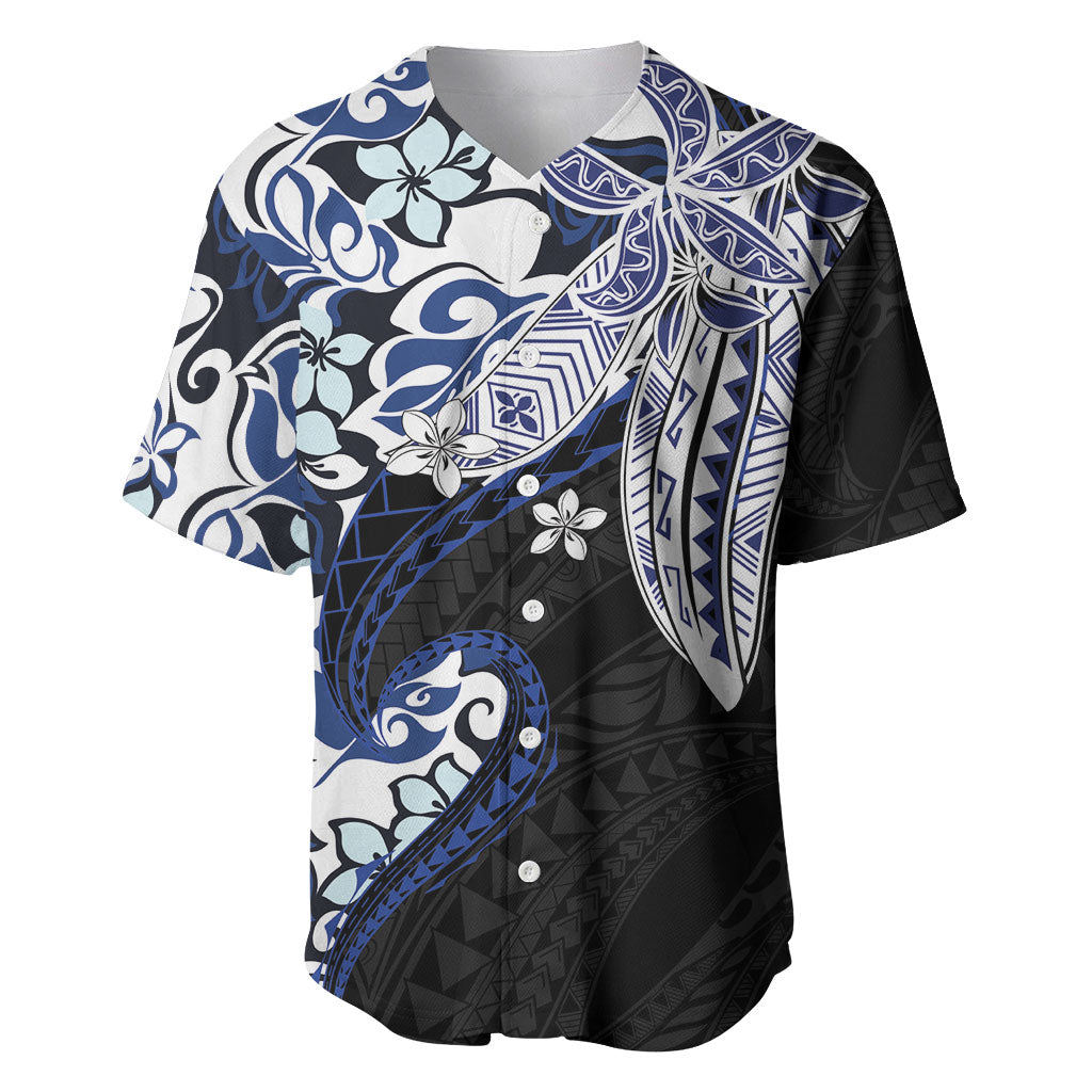 Monstera Plumeria Flowers Blue Baseball Jersey Polynesian Pattern