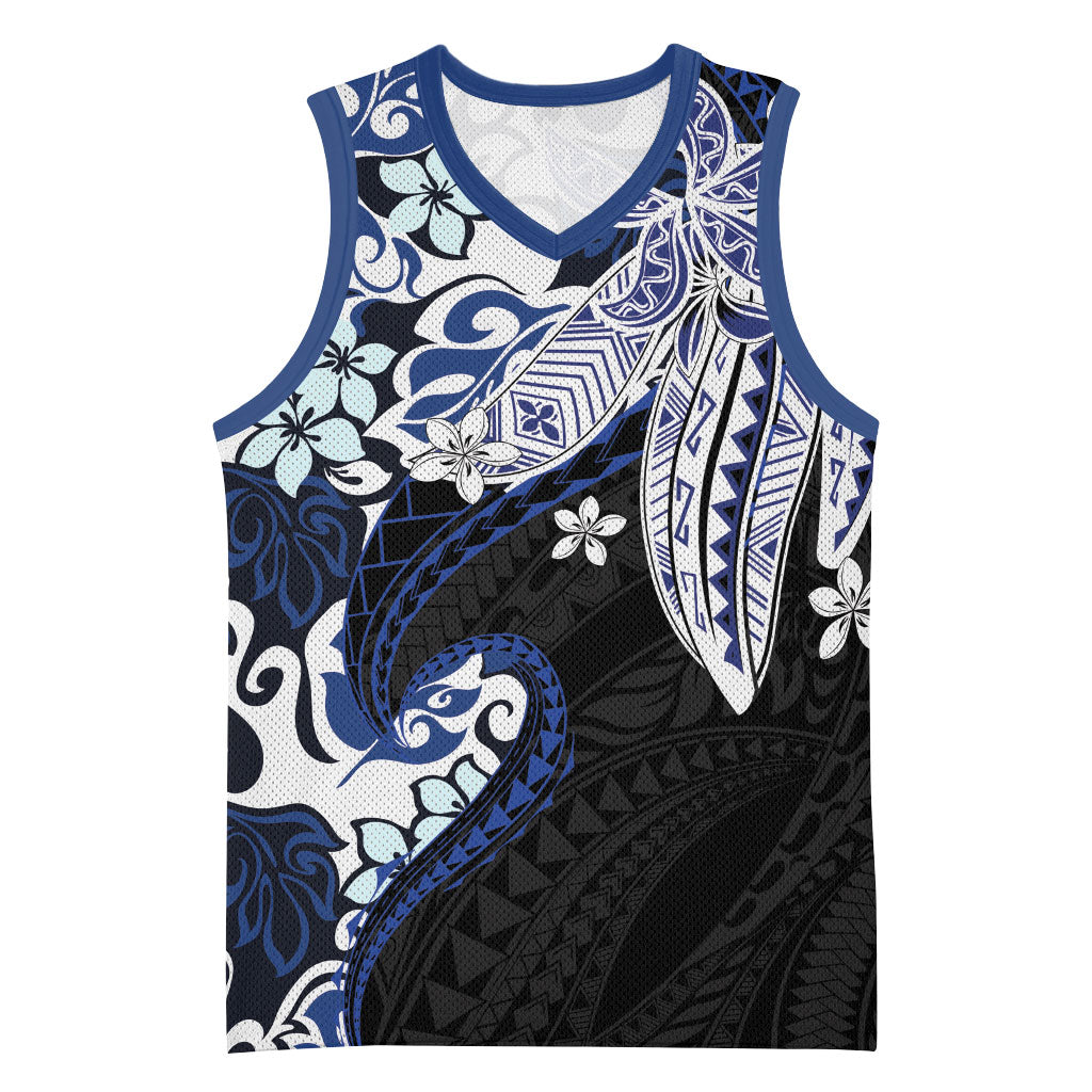 Monstera Plumeria Flowers Blue Basketball Jersey Polynesian Pattern