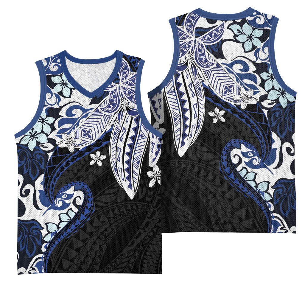 Monstera Plumeria Flowers Blue Basketball Jersey Polynesian Pattern