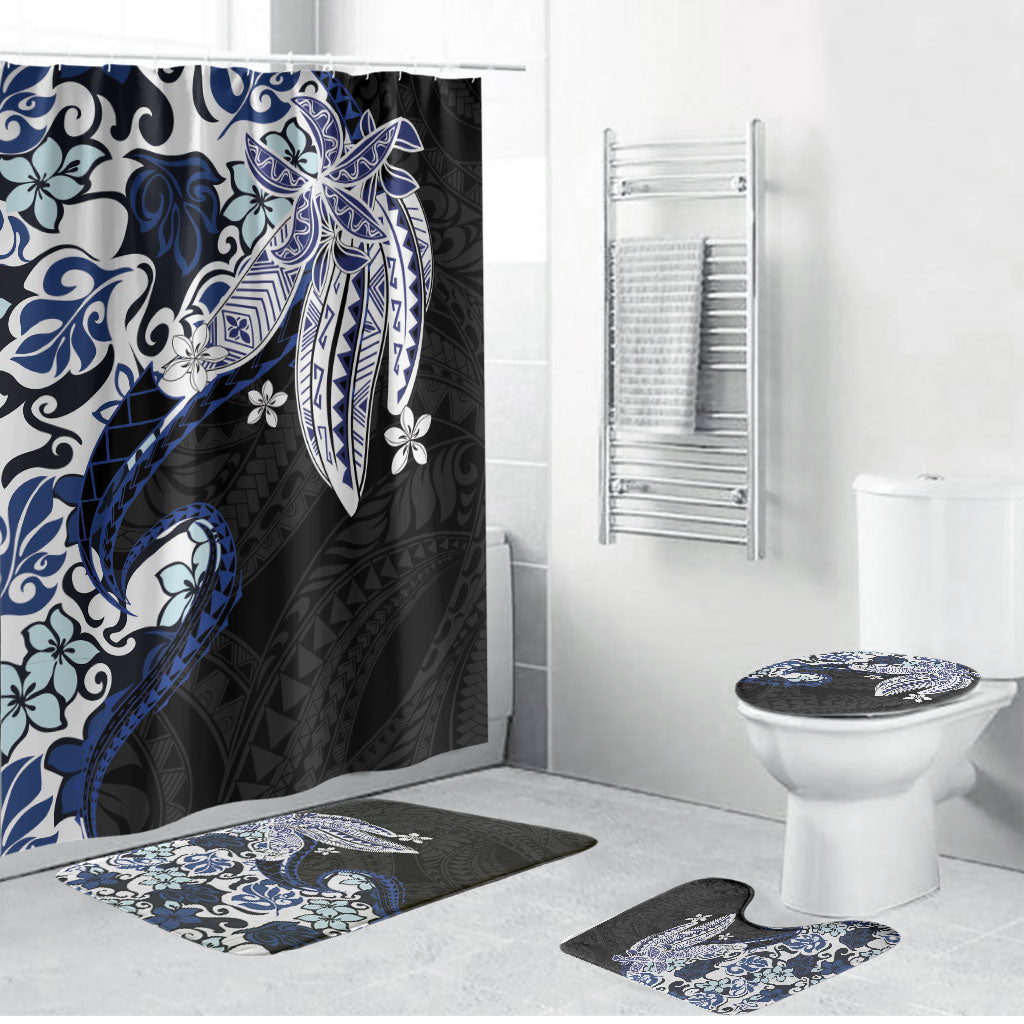 Monstera Plumeria Flowers Blue Bathroom Set Polynesian Pattern