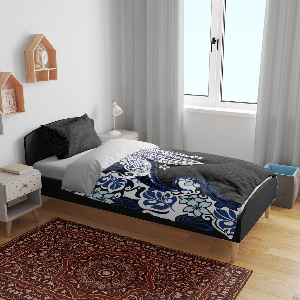 Monstera Plumeria Flowers Blue Bedding Set Polynesian Pattern