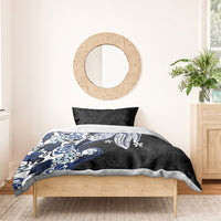 Monstera Plumeria Flowers Blue Bedding Set Polynesian Pattern