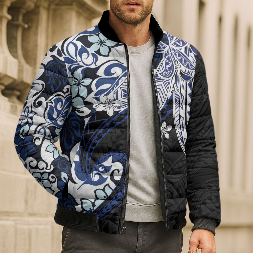 Monstera Plumeria Flowers Blue Bomber Puffer Jacket Polynesian Pattern