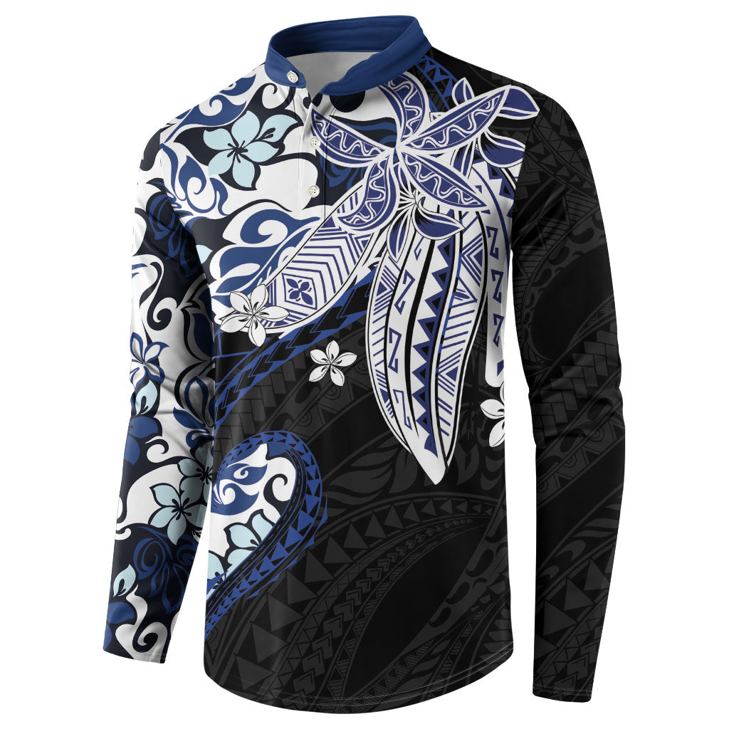 Monstera Plumeria Flowers Blue Button Sweatshirt Polynesian Pattern