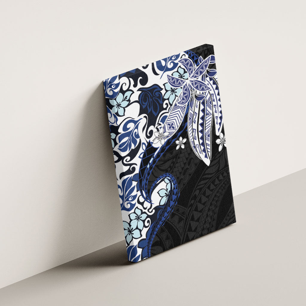 Monstera Plumeria Flowers Blue Canvas Wall Art Polynesian Pattern