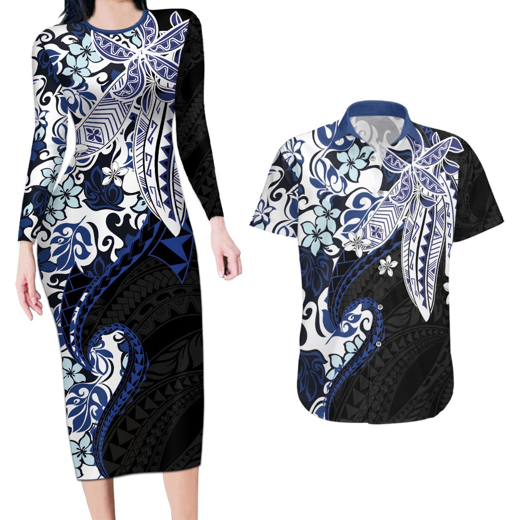 Monstera Plumeria Flowers Blue Couples Matching Long Sleeve Bodycon Dress and Hawaiian Shirt Polynesian Pattern