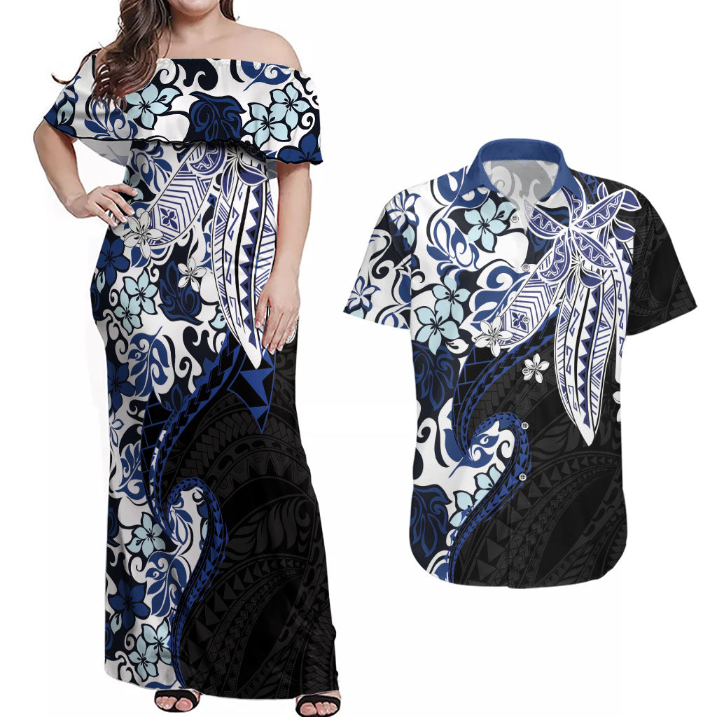 Monstera Plumeria Flowers Blue Couples Matching Off Shoulder Maxi Dress and Hawaiian Shirt Polynesian Pattern