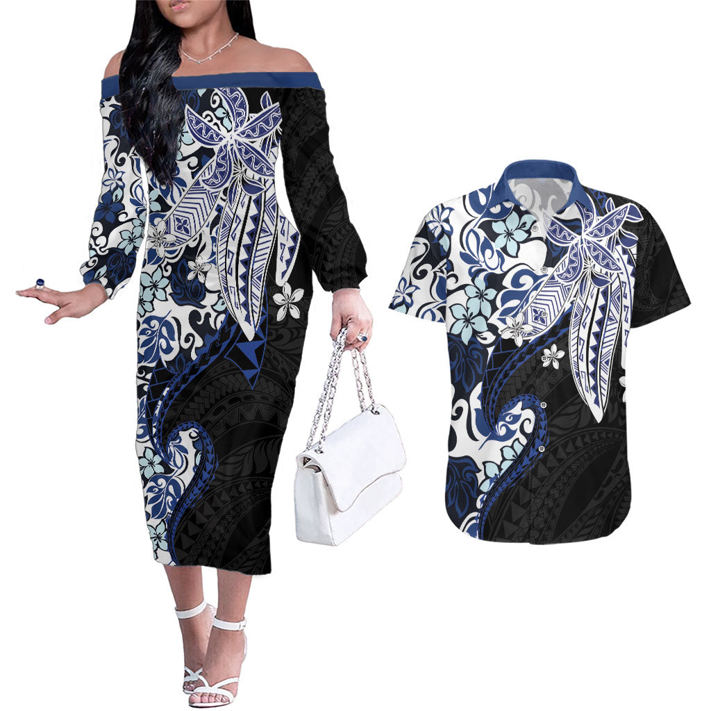 Monstera Plumeria Flowers Blue Couples Matching Off The Shoulder Long Sleeve Dress and Hawaiian Shirt Polynesian Pattern
