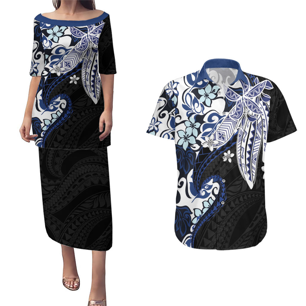 Monstera Plumeria Flowers Blue Couples Matching Puletasi and Hawaiian Shirt Polynesian Pattern
