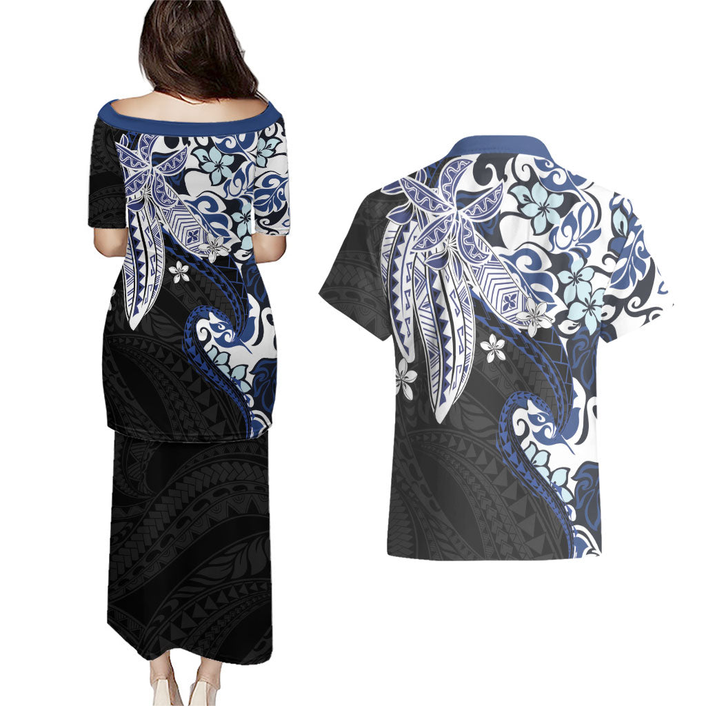 Monstera Plumeria Flowers Blue Couples Matching Puletasi and Hawaiian Shirt Polynesian Pattern