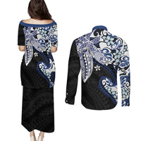 Monstera Plumeria Flowers Blue Couples Matching Puletasi and Long Sleeve Button Shirt Polynesian Pattern