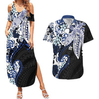 Monstera Plumeria Flowers Blue Couples Matching Summer Maxi Dress and Hawaiian Shirt Polynesian Pattern