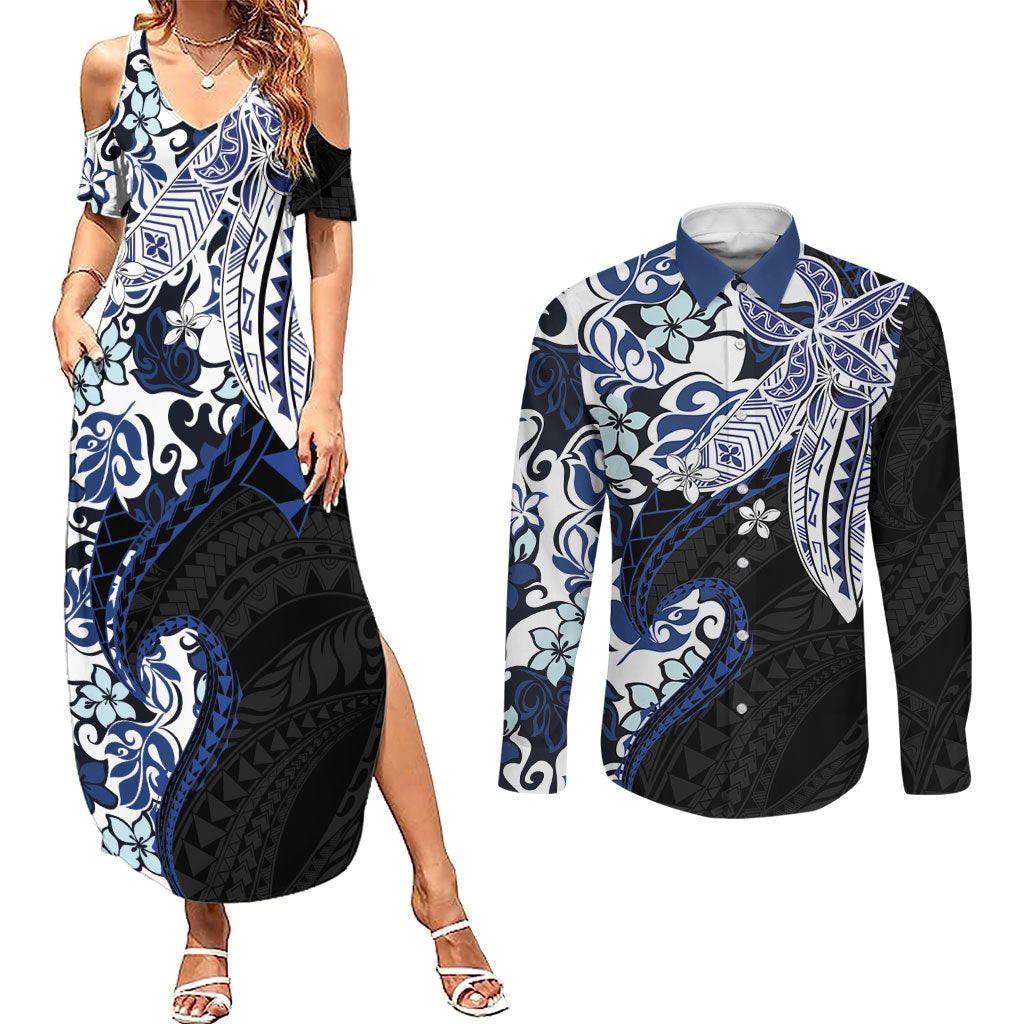 Monstera Plumeria Flowers Blue Couples Matching Summer Maxi Dress and Long Sleeve Button Shirt Polynesian Pattern