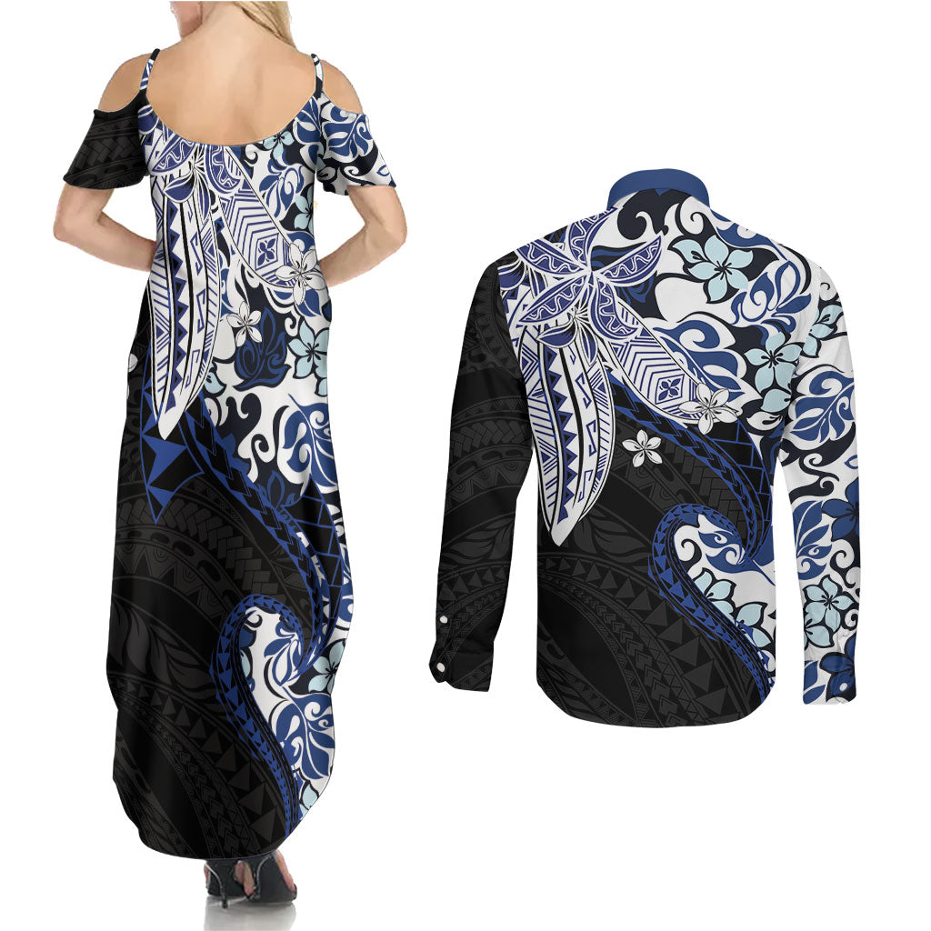 Monstera Plumeria Flowers Blue Couples Matching Summer Maxi Dress and Long Sleeve Button Shirt Polynesian Pattern