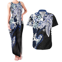 Monstera Plumeria Flowers Blue Couples Matching Tank Maxi Dress and Hawaiian Shirt Polynesian Pattern