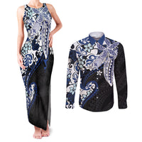 Monstera Plumeria Flowers Blue Couples Matching Tank Maxi Dress and Long Sleeve Button Shirt Polynesian Pattern