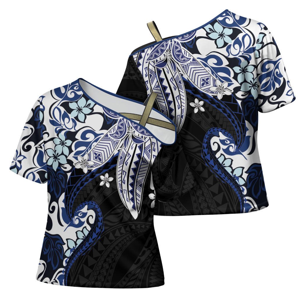 Monstera Plumeria Flowers Blue Cross Shoulder Shirt Polynesian Pattern