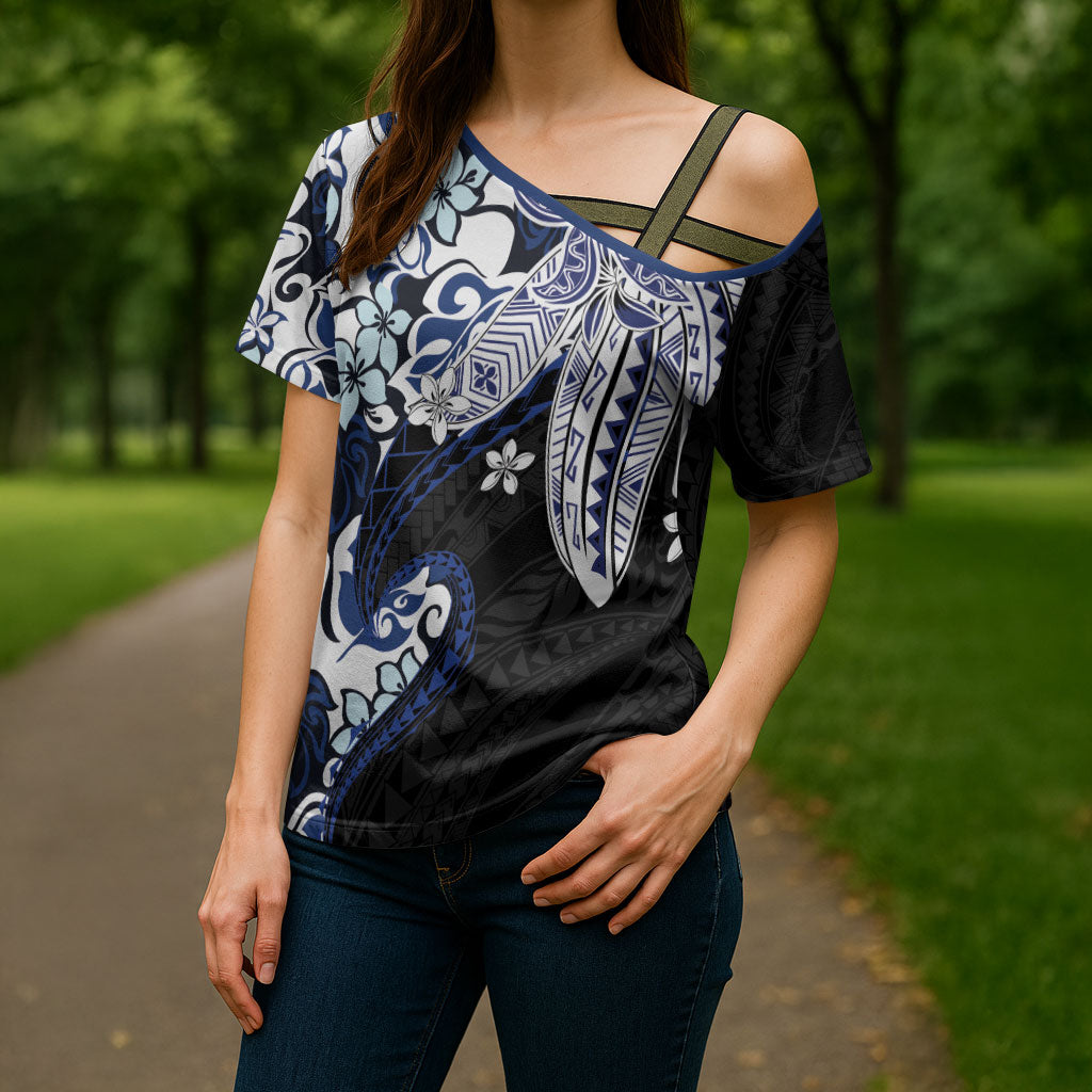 Monstera Plumeria Flowers Blue Cross Shoulder Shirt Polynesian Pattern