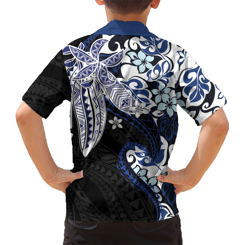 Monstera Plumeria Flowers Blue Family Matching Long Sleeve Bodycon Dress and Hawaiian Shirt Polynesian Pattern