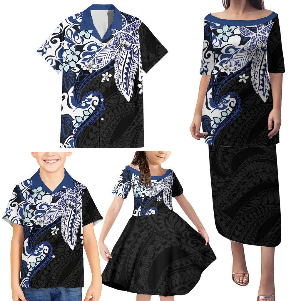 Monstera Plumeria Flowers Blue Family Matching Puletasi and Hawaiian Shirt Polynesian Pattern