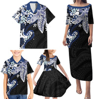 Monstera Plumeria Flowers Blue Family Matching Puletasi and Hawaiian Shirt Polynesian Pattern