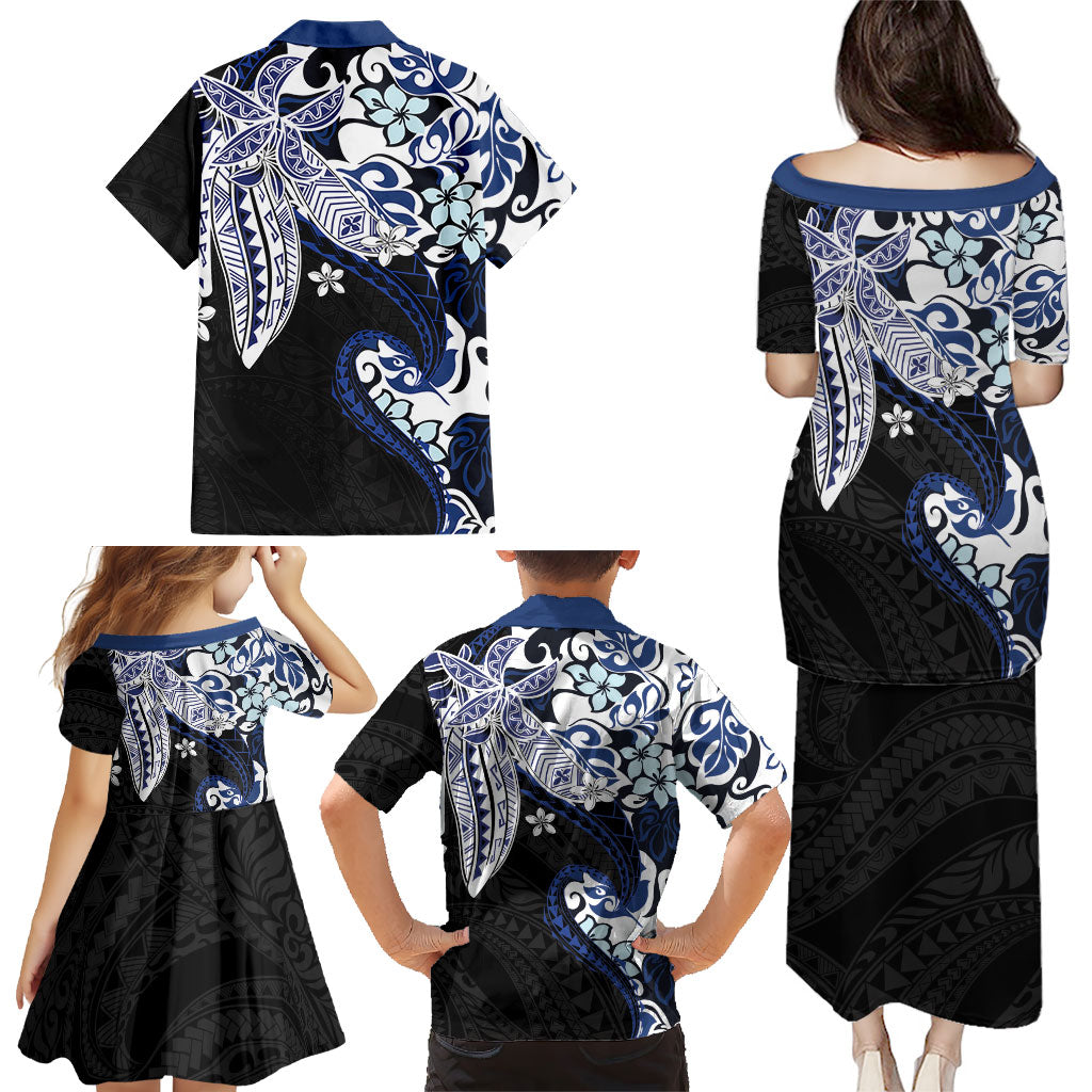 Monstera Plumeria Flowers Blue Family Matching Puletasi and Hawaiian Shirt Polynesian Pattern