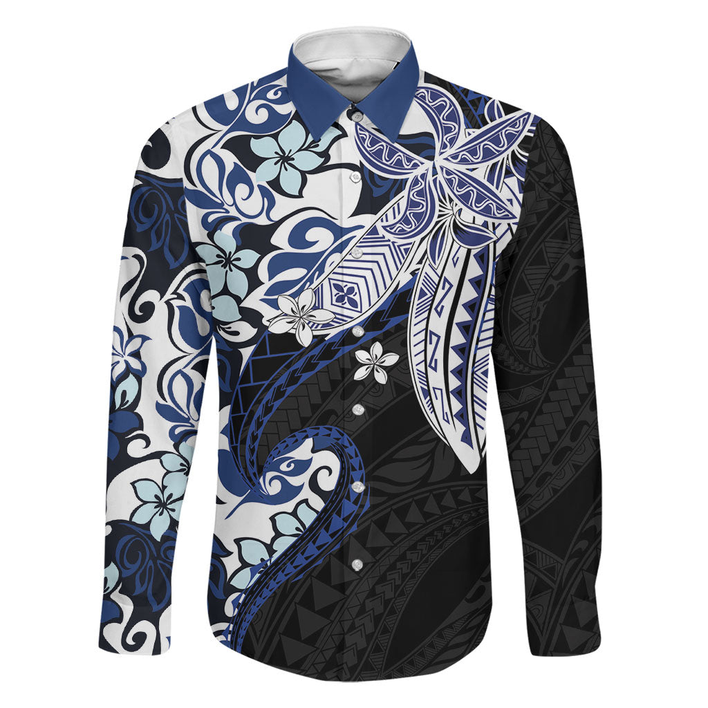 Monstera Plumeria Flowers Blue Family Matching Puletasi and Hawaiian Shirt Polynesian Pattern