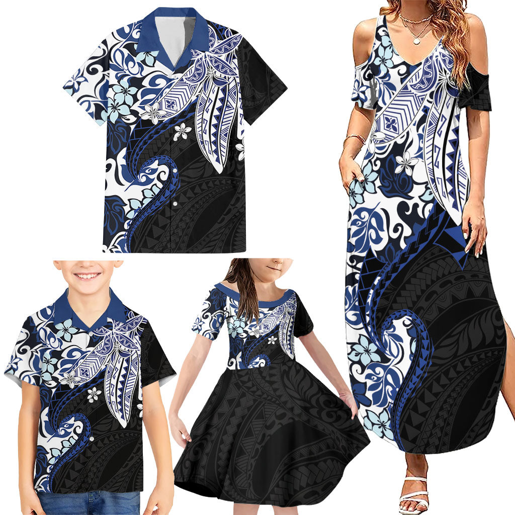 Monstera Plumeria Flowers Blue Family Matching Summer Maxi Dress and Hawaiian Shirt Polynesian Pattern