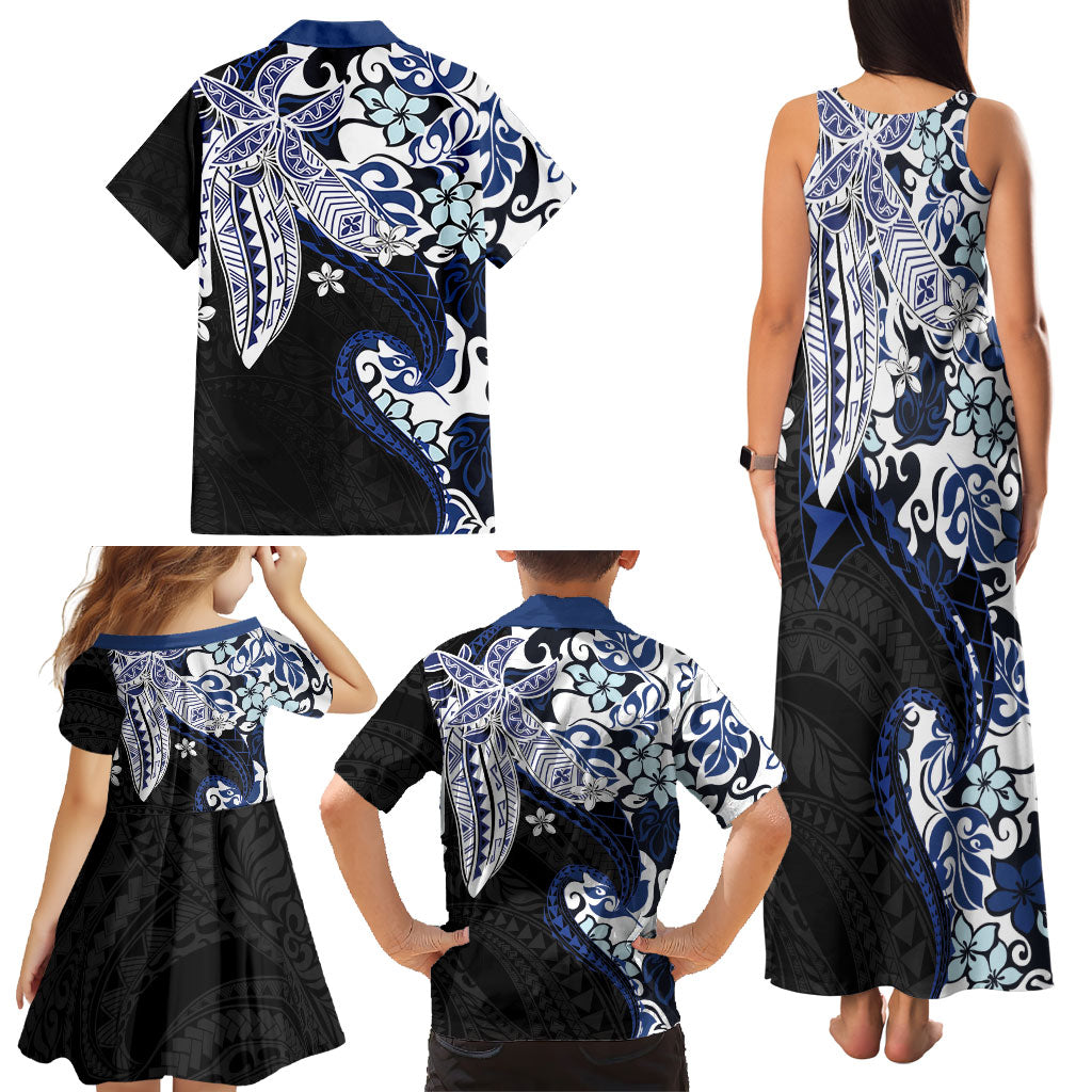 Monstera Plumeria Flowers Blue Family Matching Tank Maxi Dress and Hawaiian Shirt Polynesian Pattern