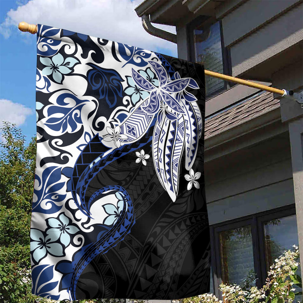 Monstera Plumeria Flowers Blue Garden Flag Polynesian Pattern