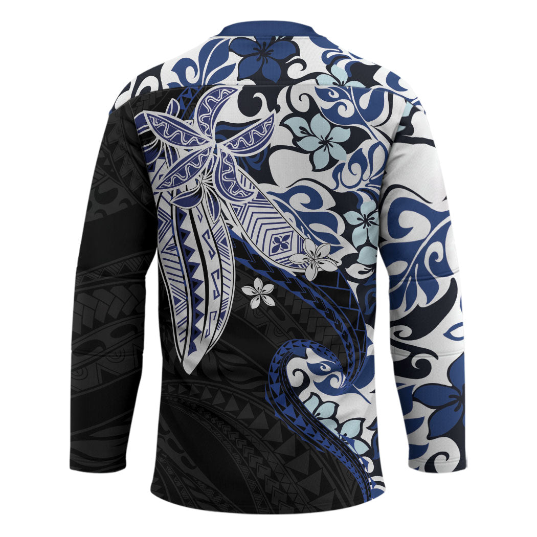 Monstera Plumeria Flowers Blue Hockey Jersey Polynesian Pattern