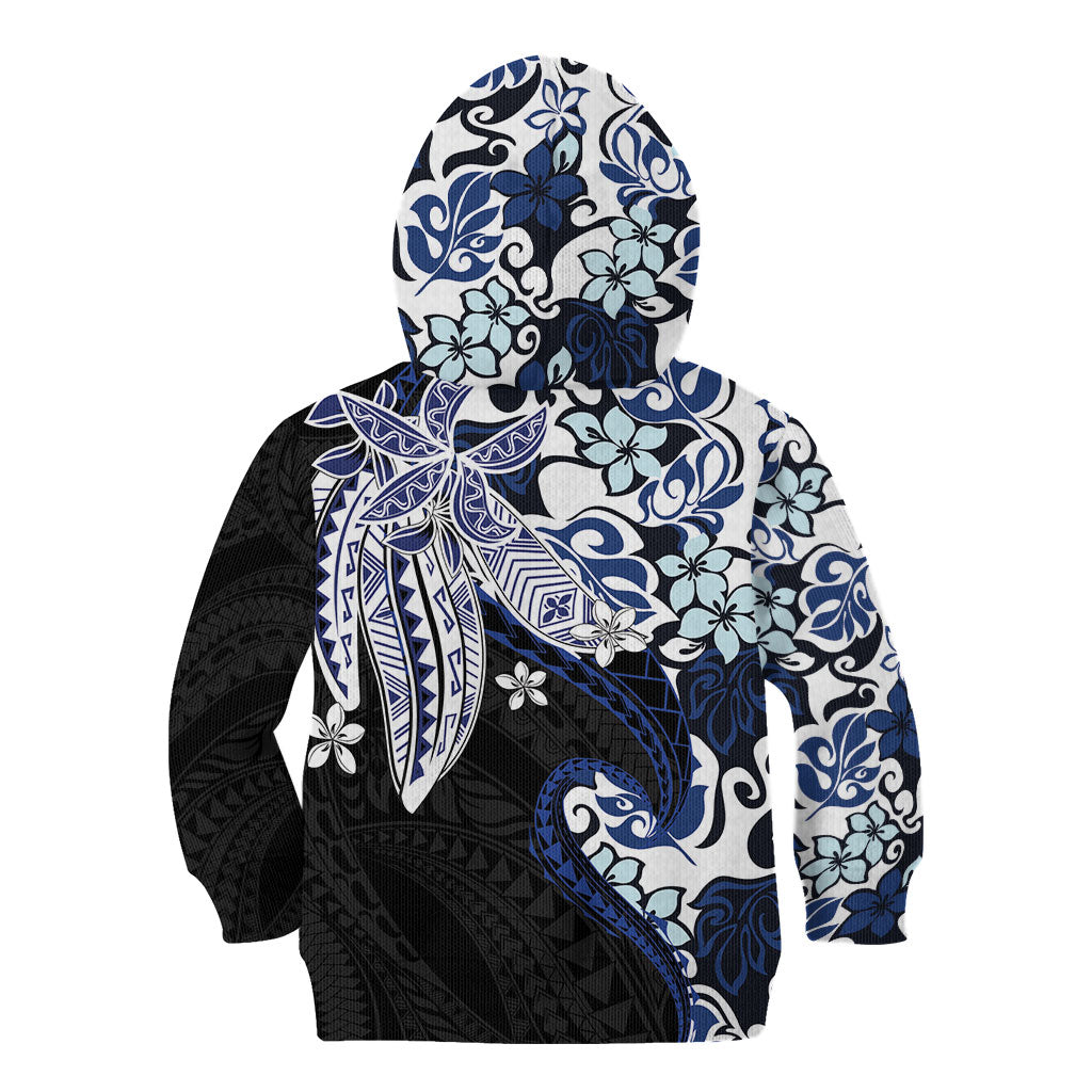 Monstera Plumeria Flowers Blue Kid Hoodie Polynesian Pattern